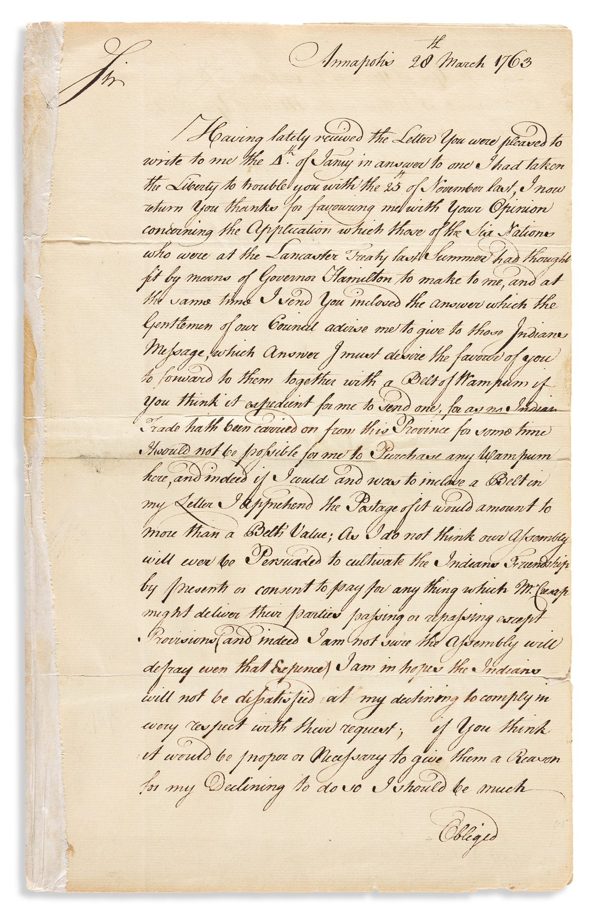 (COLONIAL WARS.) Horatio Sharpe. Letter expressing Marylands reluctance to trade with the Six Nations.